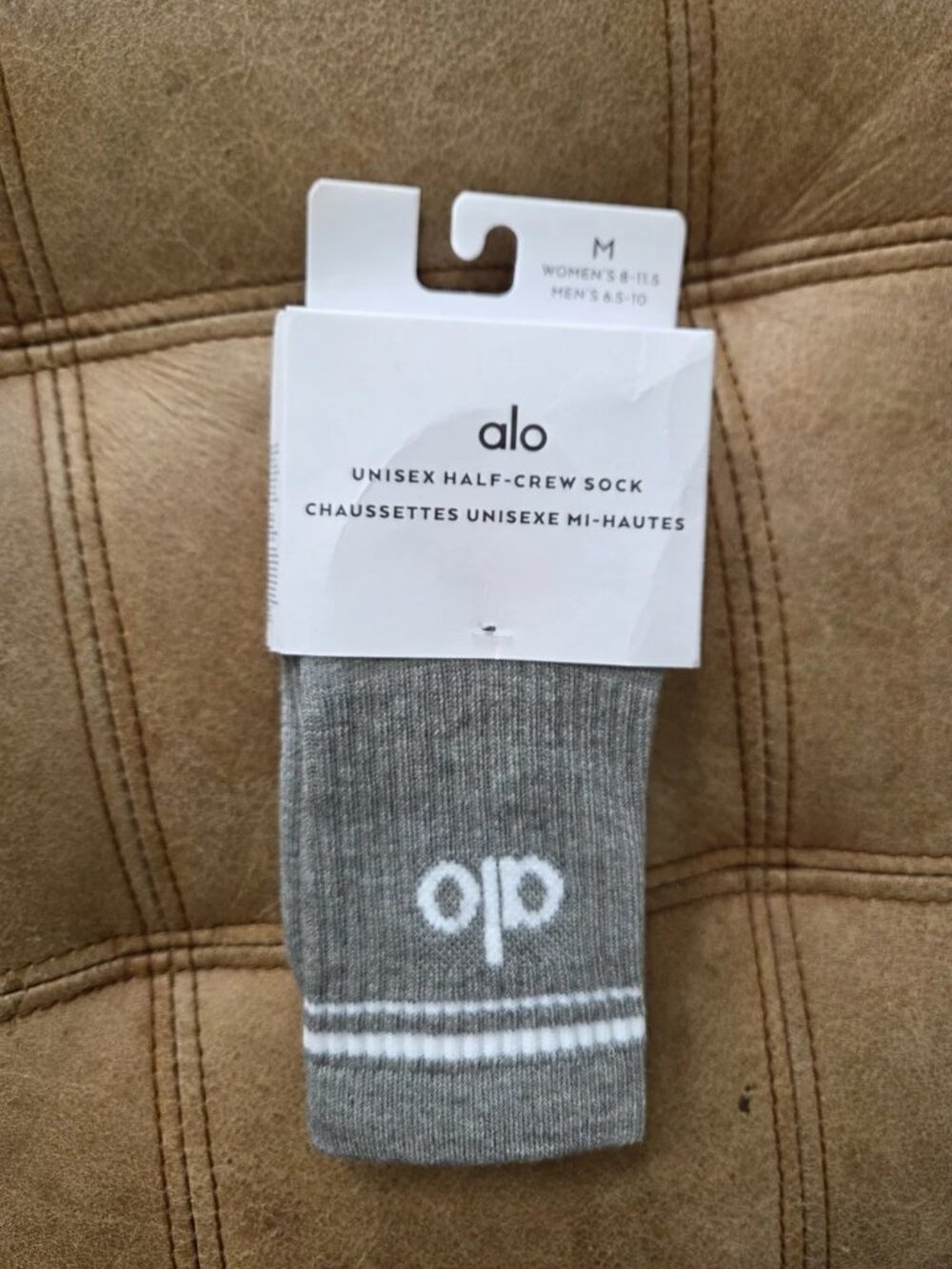 ALO Yoga Unisex Half-Crew Socks in Light Gray with White Logo